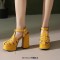 Open Toe T Straps Ankle Buckle Straps Double Platforms Chunky Heels Summer Sandals - Yellow Faux Leather