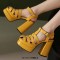 Open Toe T Straps Ankle Buckle Straps Double Platforms Chunky Heels Summer Sandals - Yellow Faux Leather