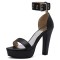 Peep Toe Ankle Buckle Straps Cuban Heels Platforms Sandals - Black Faux Leather
