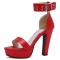 Peep Toe Ankle Buckle Straps Cuban Heels Platforms Sandals - Red Faux Leather