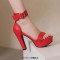 Peep Toe Ankle Buckle Straps Cuban Heels Platforms Sandals - Red Faux Leather