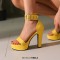 Peep Toe Ankle Buckle Straps Cuban Heels Platforms Sandals - Yellow Faux Leather