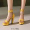 Peep Toe Ankle Buckle Straps Cuban Heels Platforms Sandals - Yellow Faux Leather