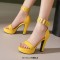 Peep Toe Ankle Buckle Straps Cuban Heels Platforms Sandals - Yellow Faux Leather