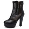 Round Toe Fishnet Surface Ankle Highs Cuban Heels Platforms Summer Booties - Black Faux Leather
