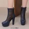 Round Toe Fishnet Surface Ankle Highs Cuban Heels Platforms Summer Booties - Blue Faux Leather