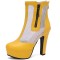 Round Toe Fishnet Surface Ankle Highs Cuban Heels Platforms Summer Booties - Yellow Faux Leather