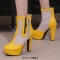 Round Toe Fishnet Surface Ankle Highs Cuban Heels Platforms Summer Booties - Yellow Faux Leather