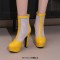 Round Toe Fishnet Surface Ankle Highs Cuban Heels Platforms Summer Booties - Yellow Faux Leather