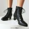 Pointed Toe Lace Up Chunky Block Heels Side Zipper Ankle Highs Autumn Boots - Black Faux Leather