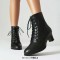 Pointed Toe Lace Up Chunky Block Heels Side Zipper Ankle Highs Autumn Boots - Black Faux Leather