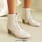 Pointed Toe Lace Up Chunky Block Heels Side Zipper Ankle Highs Autumn Boots - White Faux Leather