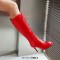 Peep Toe Lace Up Knee Highs Stiletto Heels Summer Boots - Red Patent