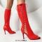 Peep Toe Lace Up Knee Highs Stiletto Heels Summer Boots - Red Faux Leather