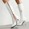 Peep Toe Lace Up Knee Highs Stiletto Heels Summer Boots - White Faux Leather