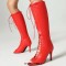 Peep Toe Stiletto Heels Knee Highs Lace Up Boots - Red Faux Leather