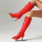 Peep Toe Stiletto Heels Knee Highs Lace Up Boots - Red Faux Leather