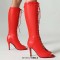 Peep Toe Stiletto Heels Knee Highs Lace Up Boots - Red Faux Leather