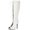 Peep Toe Stiletto Heels Knee Highs Lace Up Boots - White Faux Leather