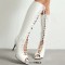 Peep Toe Stiletto Heels Knee Highs Lace Up Boots - White Faux Leather
