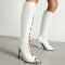 Peep Toe Stiletto Heels Knee Highs Lace Up Boots - White Faux Leather