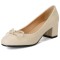 Round Toe Elegant Ribbon Decorated Chunky Block Heels Pumps - Beige Faux Leather
