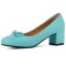 Round Toe Elegant Ribbon Decorated Chunky Block Heels Pumps - Blue Faux Leather