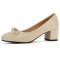 Round Toe Elegant Ribbon Decorated Chunky Block Heels Pumps - Beige Flock