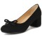 Round Toe Elegant Ribbon Decorated Chunky Block Heels Pumps - Matte Black Flock