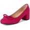 Round Toe Elegant Ribbon Decorated Chunky Block Heels Pumps - HotPink Flock