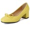 Round Toe Elegant Ribbon Decorated Chunky Block Heels Pumps - Yellow Faux Leather