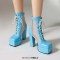 Square Toe Chunky Heels Ankle Highs Lace Up Air Mesh Platforms Summer Boots - Blue Patent