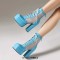 Square Toe Chunky Heels Ankle Highs Lace Up Air Mesh Platforms Summer Boots - Blue Patent