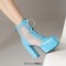 Square Toe Chunky Heels Ankle Highs Lace Up Air Mesh Platforms Summer Boots - Blue Patent