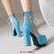 Square Toe Chunky Heels Ankle Highs Lace Up Air Mesh Platforms Summer Boots - Blue Patent