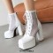 Square Toe Chunky Heels Ankle Highs Lace Up Air Mesh Platforms Summer Boots - White Patent
