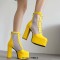 Square Toe Chunky Heels Ankle Highs Lace Up Air Mesh Platforms Summer Boots - Yellow Patent