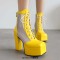 Square Toe Chunky Heels Ankle Highs Lace Up Air Mesh Platforms Summer Boots - Yellow Patent