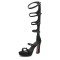 Peep Toe Chunky Heels Buckle Straps Low Platforms Gladiators Sandals - Black Flock