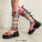 Peep Toe Chunky Heels Zipper Mixed Color Buckle Strap  Gladiators Sandals - Black Multicolor Patent