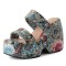 Peep Toe Wedges Heels Platforms Traditional Flowers Pattern Slip On Sandals - Blue Microfiber