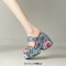 Peep Toe Wedges Heels Platforms Traditional Flowers Pattern Slip On Sandals - Blue Microfiber