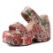 Peep Toe Wedges Heels Platforms Traditional Flowers Pattern Slip On Sandals - Pink Microfiber