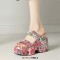 Peep Toe Wedges Heels Platforms Traditional Flowers Pattern Slip On Sandals - Pink Microfiber