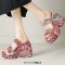 Peep Toe Wedges Heels Platforms Traditional Flowers Pattern Slip On Sandals - Pink Microfiber