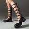Round Toe Chunky Heels Multi Buckle Straps Gladiators Pumps - Black Faux Leather