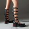 Round Toe Chunky Heels Multi Buckle Straps Gladiators Pumps - Black Faux Leather