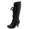 Round Toe Knee High Vintage Side Zipper Kitten Heels Lace Up Boots - Black Faux Leather