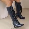 Round Toe Knee High Vintage Side Zipper Kitten Heels Lace Up Boots - Blue Faux Leather