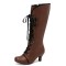 Round Toe Knee High Vintage Side Zipper Kitten Heels Lace Up Boots - Brown Faux Leather